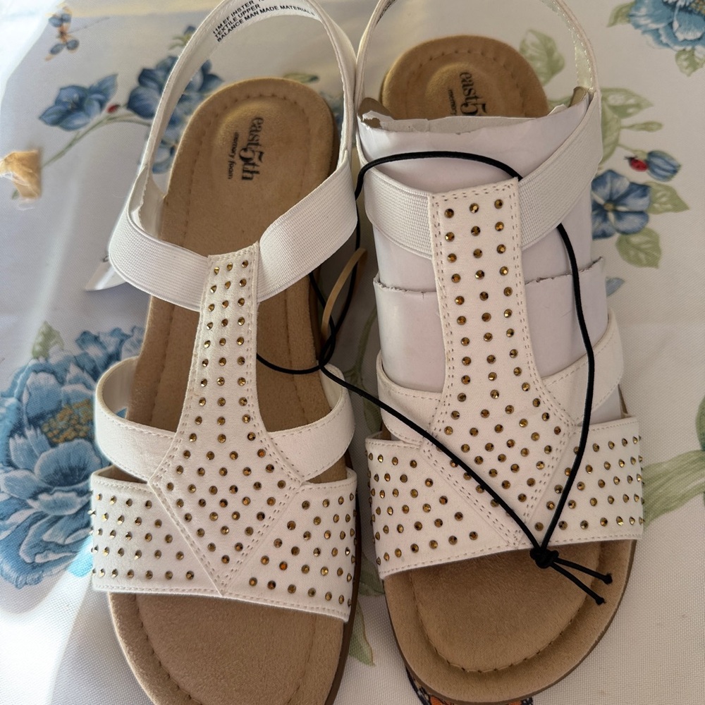 East 5th White Sandals with Gold Studs